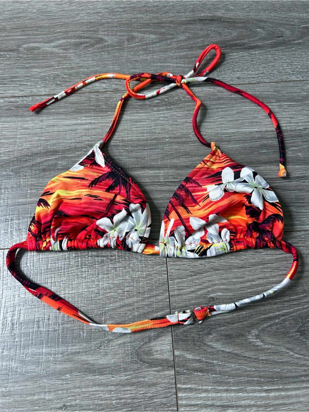 No Boundaries Red Orange Tropical Floral Triangle Bikini Top